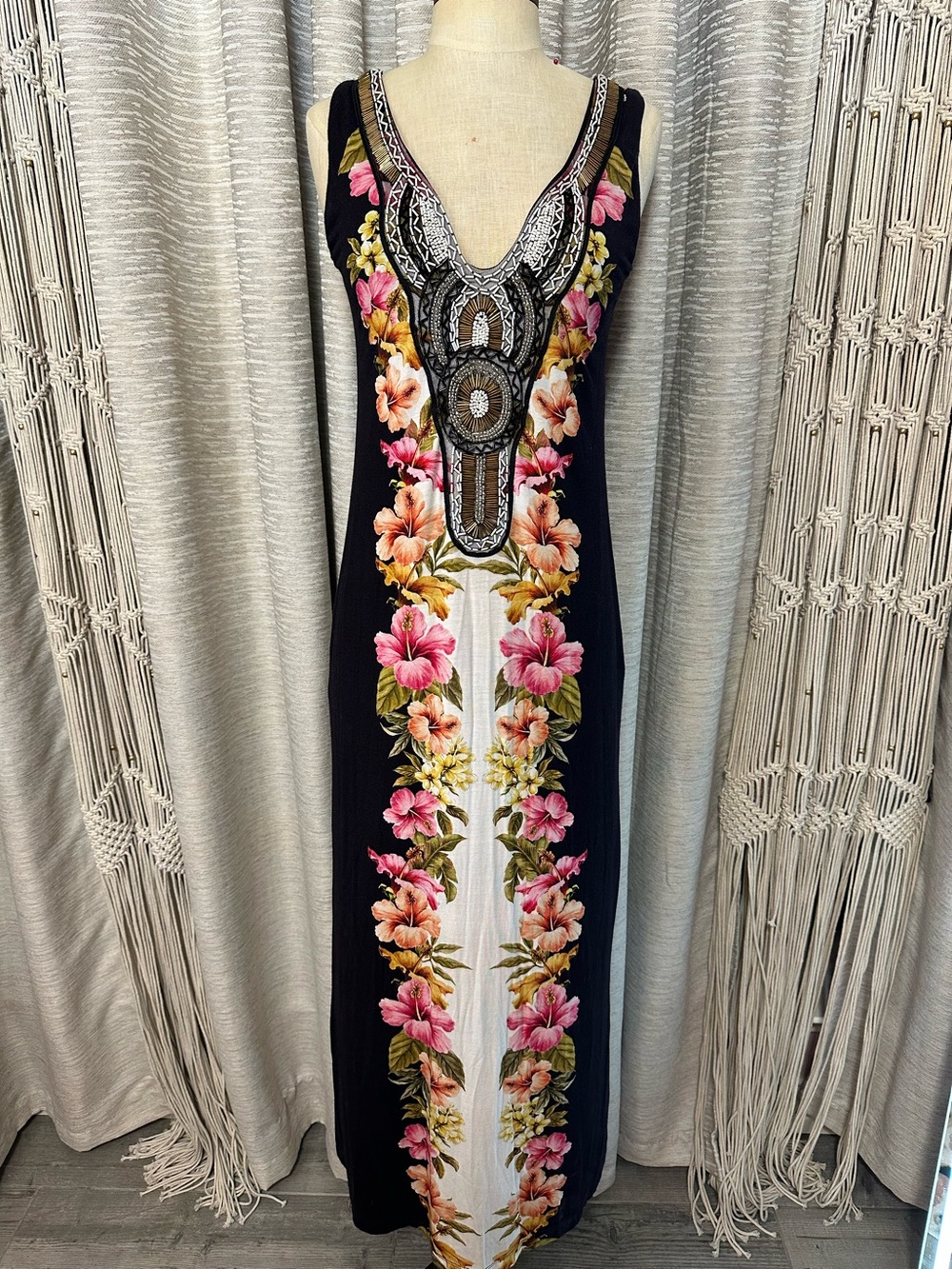 Boston Proper Embellished Tropical Floral Maxi Dress Size Small Beaded Resort